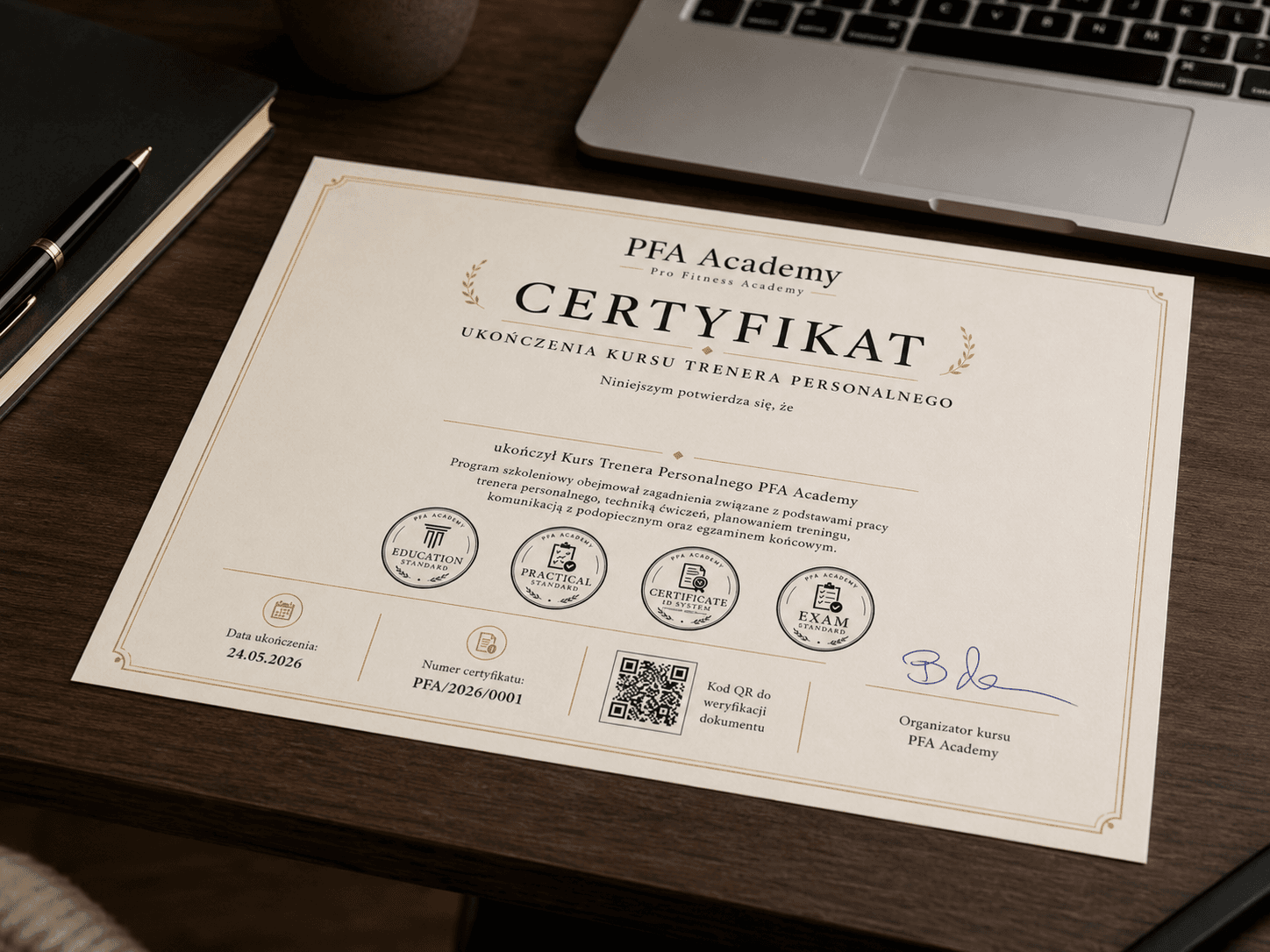 Certyfikat ukończenia kursu trenera personalnego PFA Academy