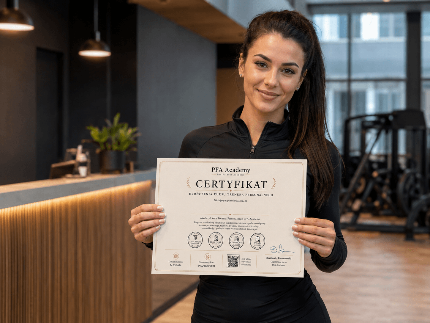 Osoba trzymająca certyfikat PFA Academy