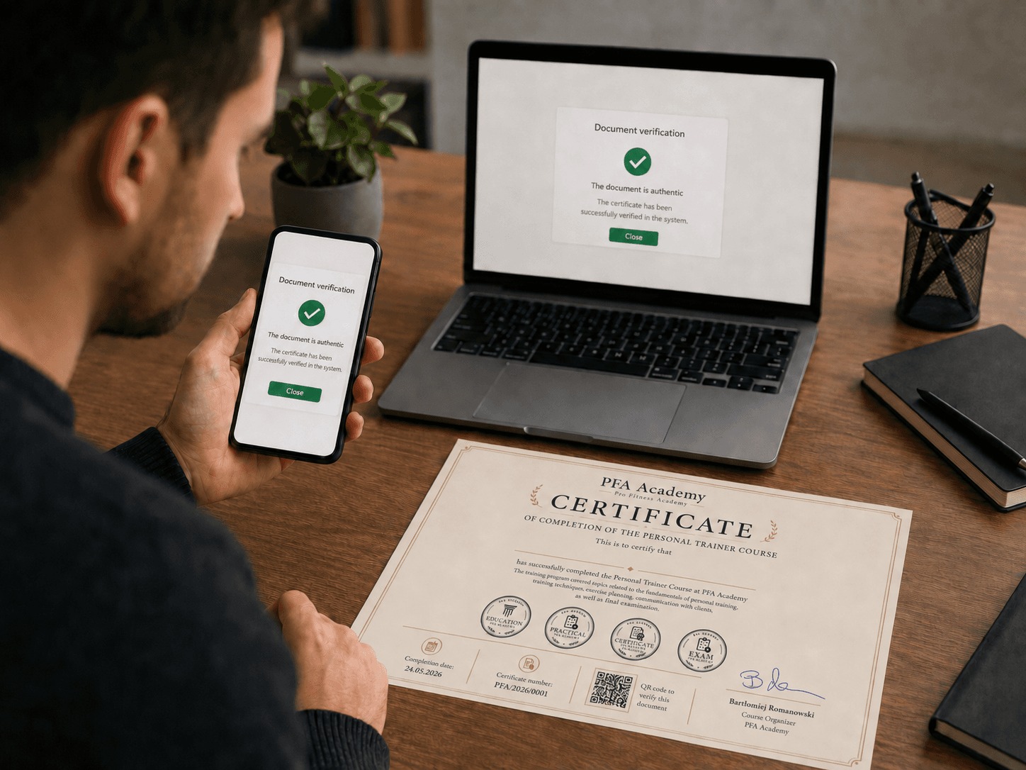 English certificate verification displayed on a phone and laptop