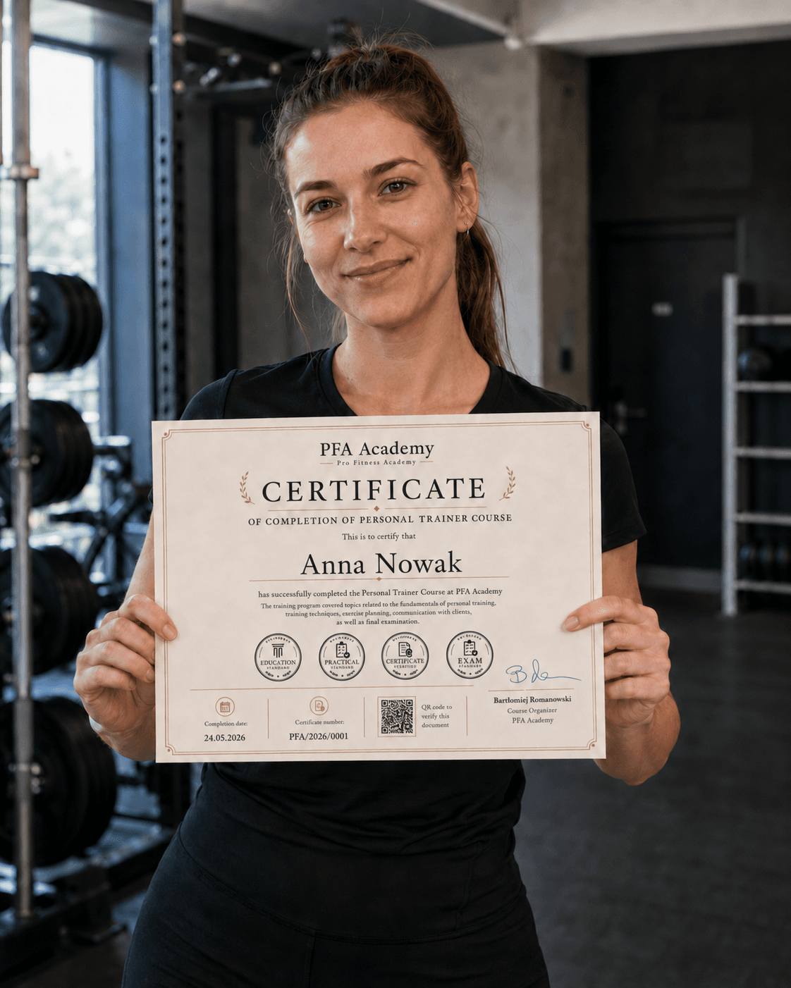 Woman holding an English personal trainer course completion certificate