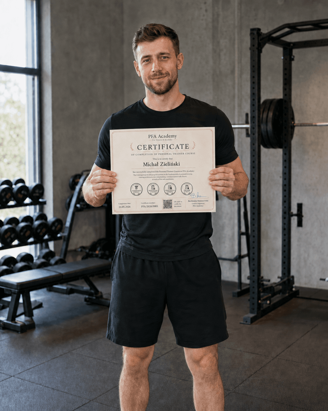 Man holding an English personal trainer course completion certificate