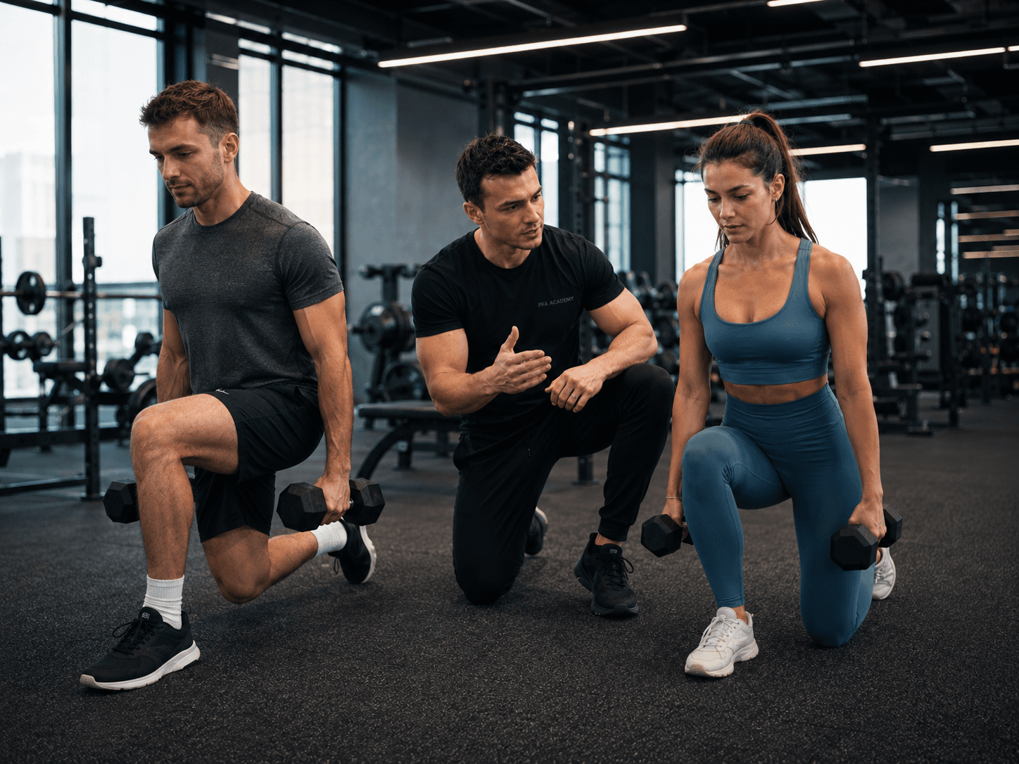 Trener prowadzący trening w nowoczesnej siłowni