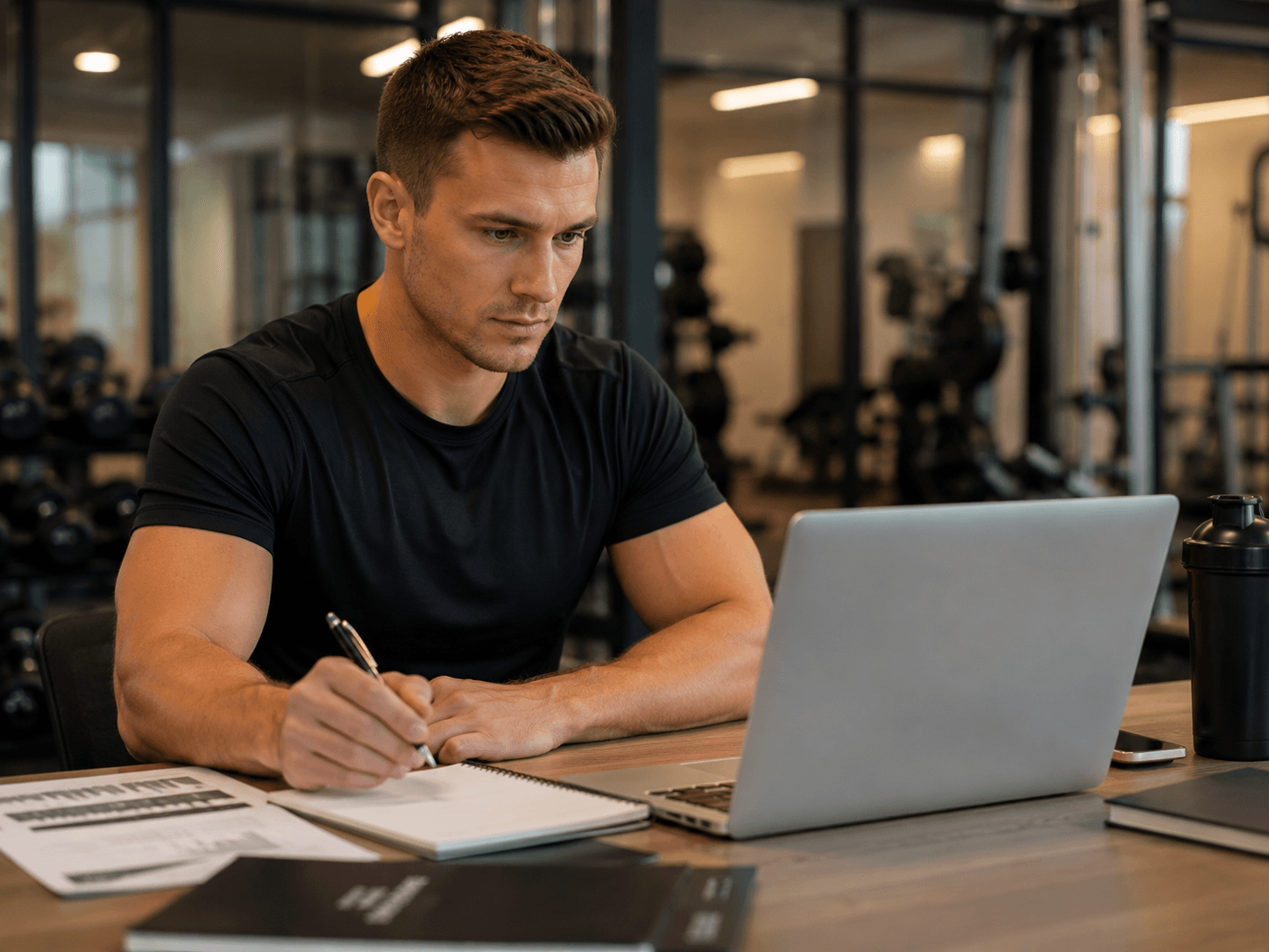 Trener pracujący z materiałami kursu online